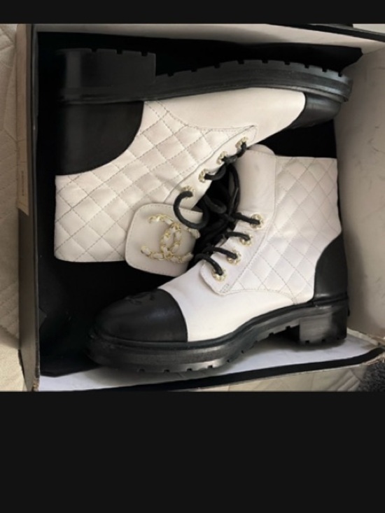 CHANEL Shoes - CHANEL White Quilted Lace-Up Combat Boots with Black Toe & Heel